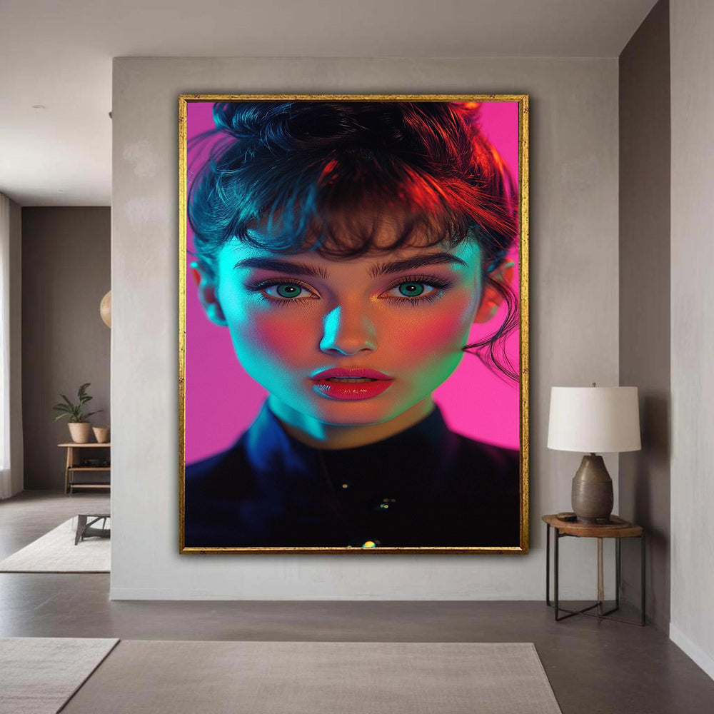 Audrey Hepburn Inspired Portrait Canvas, Neon Glow Wall Art, Classic Beauty Face Close-up, Modern Glamour Canvas, Home Gift Art, Home Decor