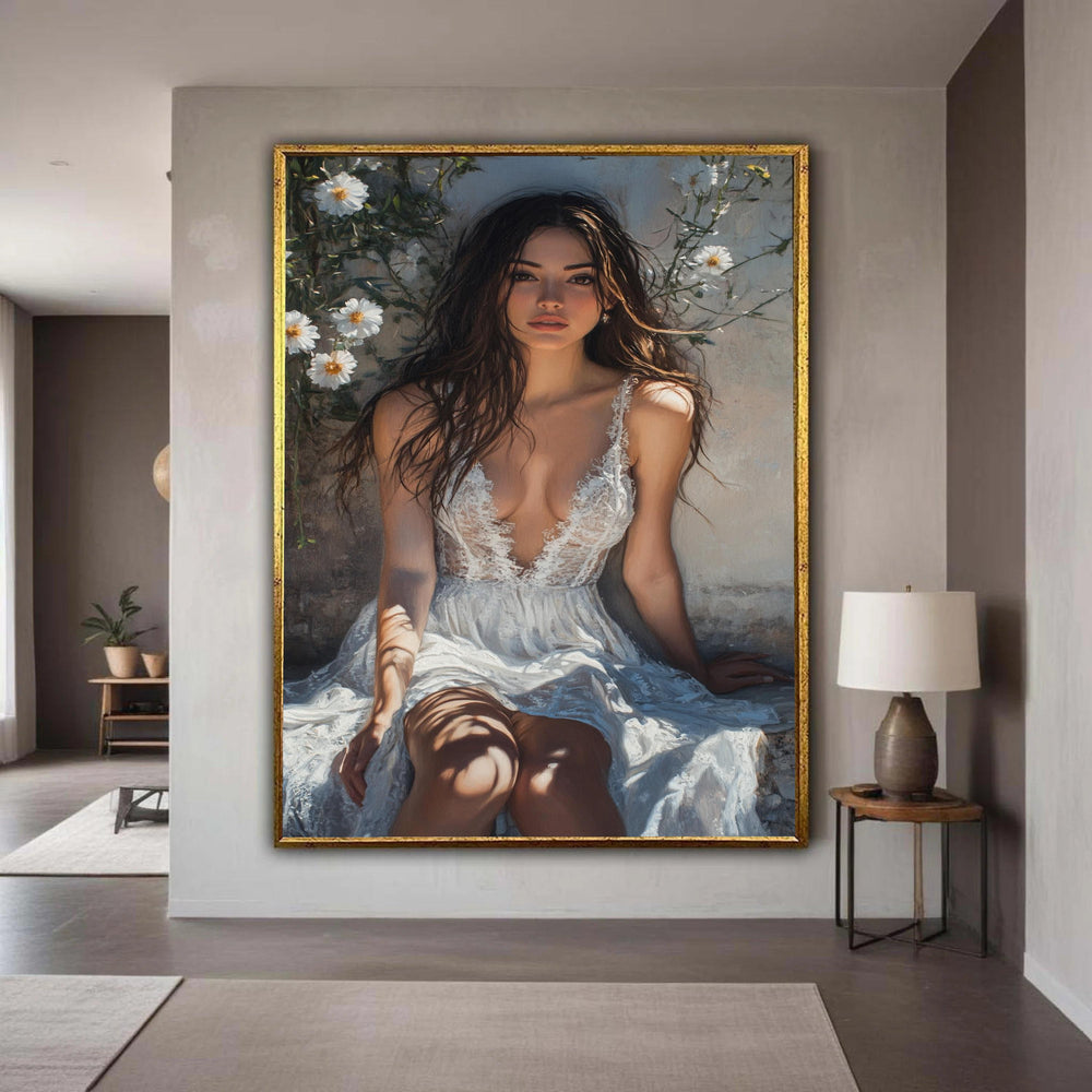 Elegant Woman in White Lace Dress, Floral Garden Canvas, Romantic Portrait Wall Art, Feminine Home Decor, Fine Art Gift Art, Home Decor