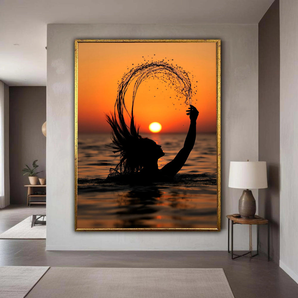 Sunset Silhouette Woman Hair Flip Canvas, Ocean Water Splash Art, Beach Sunset Wall Decor, Silhouette Photography Gift Art, Home Decor