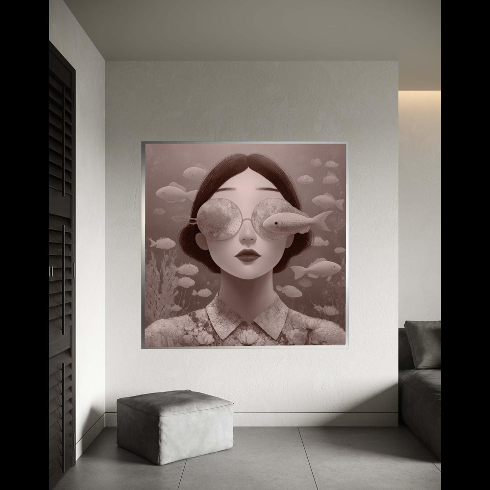 Surreal Woman Portrait Canvas, Fish Reflection Glasses, Underwater Dreamscape Wall Art, Modern Decorative Canvas for Gift Art, Home Decor