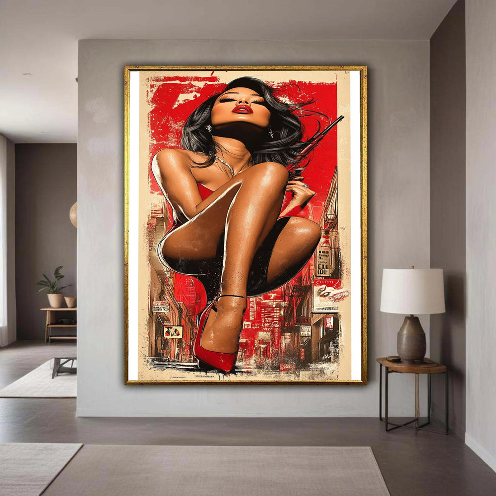 Bold Femme Fatale Canvas Art, Red Heels Woman Portrait, Urban Street Style Wall Art, Modern Glamour Canvas, Drama Home Gift Art, Home Decor