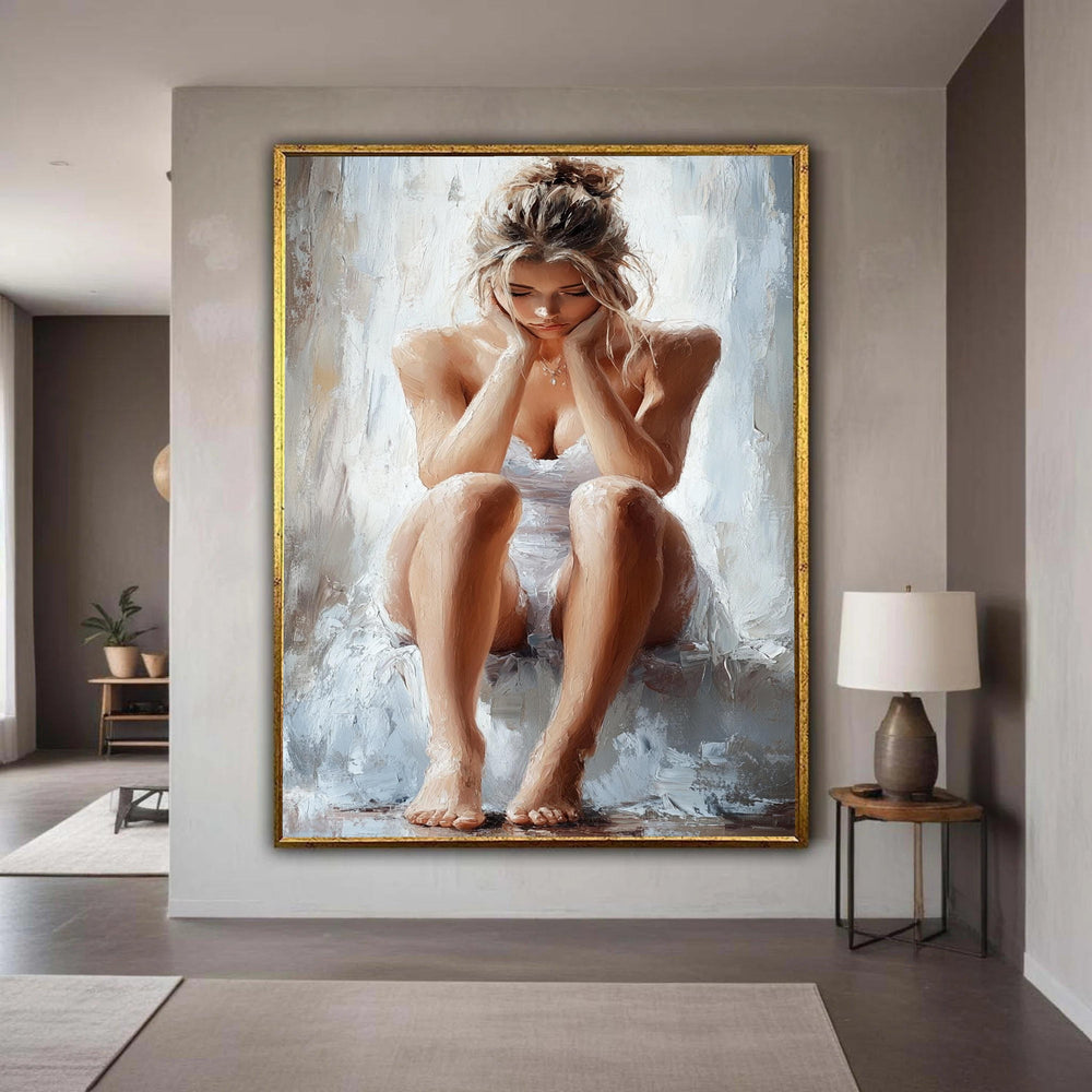 Contemplative Woman Portrait Canvas, Modern Figurative Art, Emotional Wall Decor, Expressive Female Painting, Canvas Gift Art, Home Decor