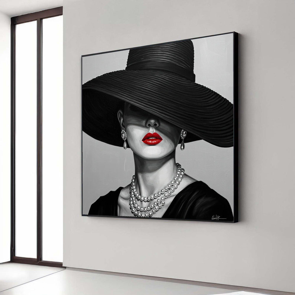 Elegant Woman in Black Hat Canvas, Red Lips Portrait Wall Art, Glamour Fashion Canvas, Modern Home Decoration, Stylish Gift Art, Home Decor
