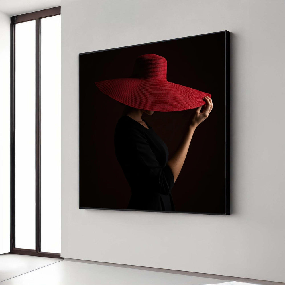 Elegant Woman in Red Wide Brim Hat Canvas, Fashion Portrait Wall Art, Minimalist Dark Background Canvas, Chic Home Gift Art, Home Decor