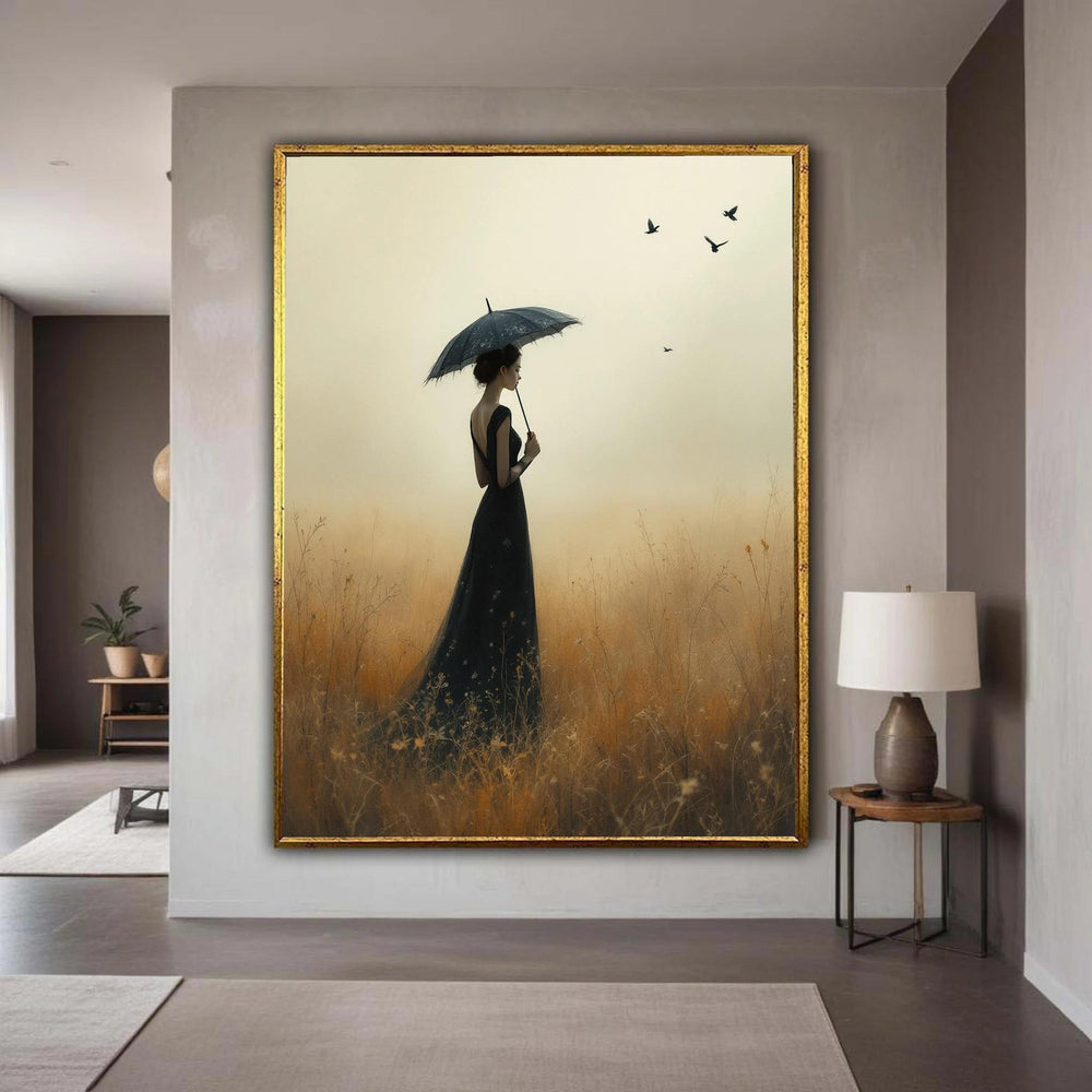 Elegant Woman in Black Dress with Umbrella, Moody Landscape Canvas, Atmospheric Wall Art, Mystical Field Scene, Home Gift Art, Home Decor