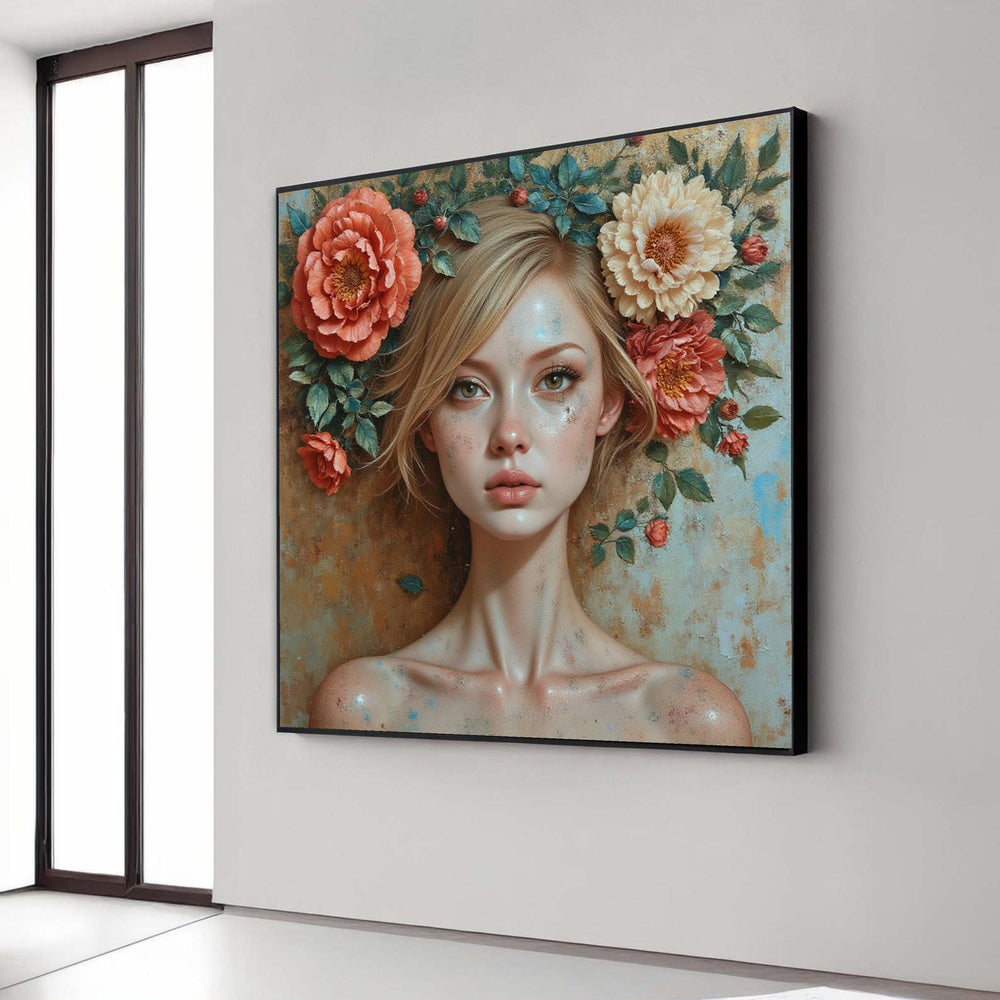 Ethereal Woman Portrait Canvas, Floral Crown Wall Art, Contemporary Female Face Painting, Artistic Canvas Decoration, Gift Art, Home Decor