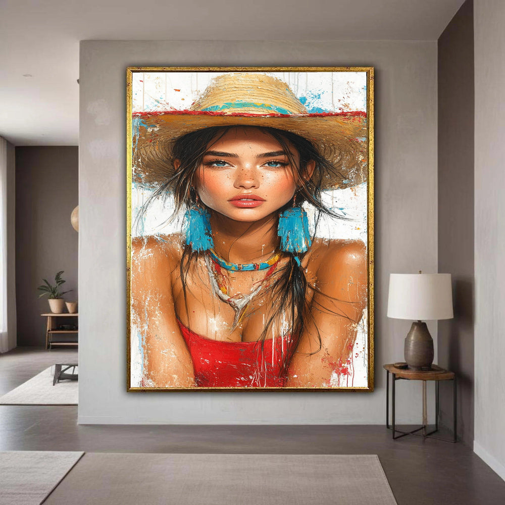 Vibrant Summer Portrait Canvas, Woman with Straw Hat Artwork, Blue Tassel Earrings Wall Art, Boho Style Canvas, Home Gift Art, Home Decor