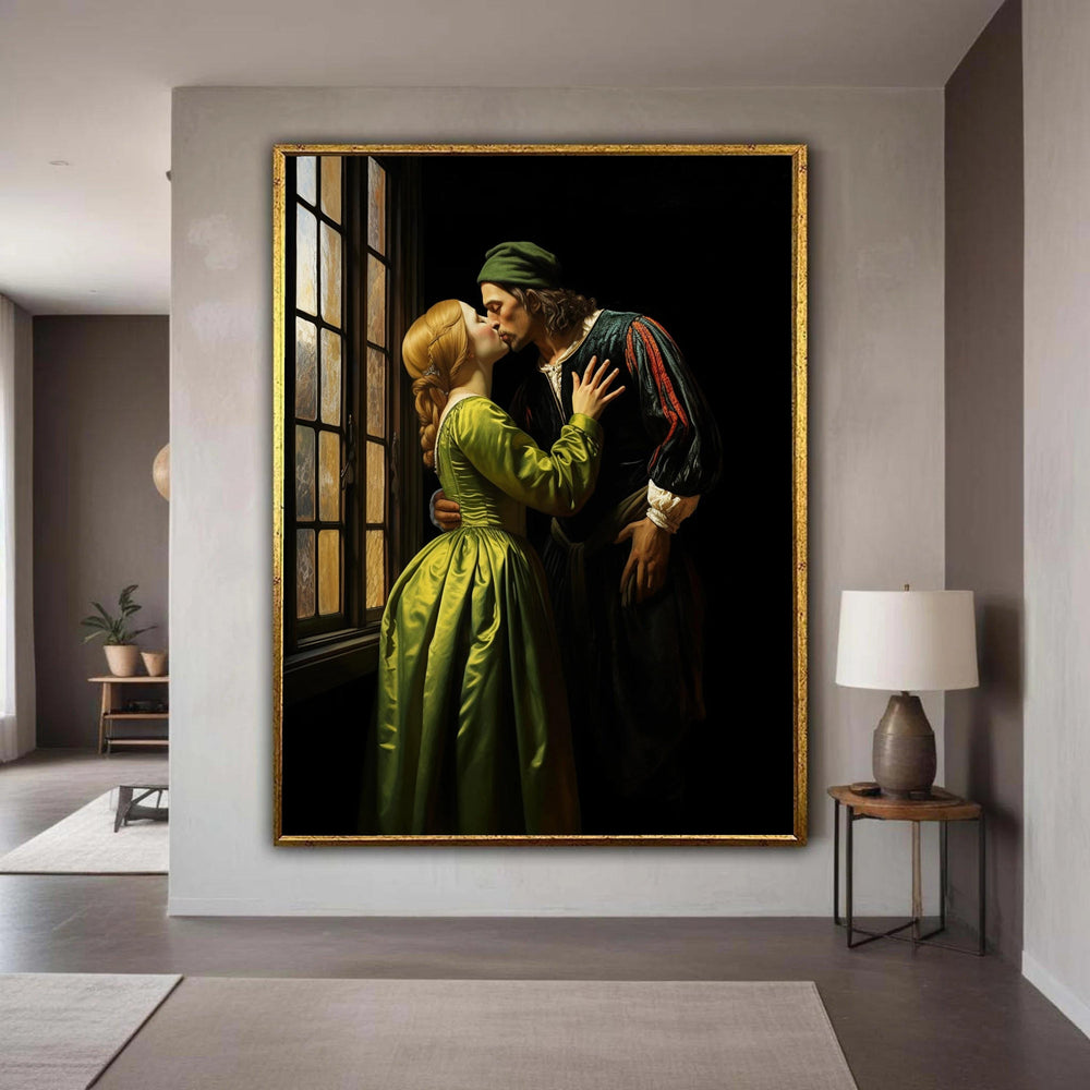 Romantic Renaissance Kiss Canvas, Vintage Couple Wall Art, Historic Love Scene, Window Light Portrait, Classic Romantic Gift Art, Home Decor