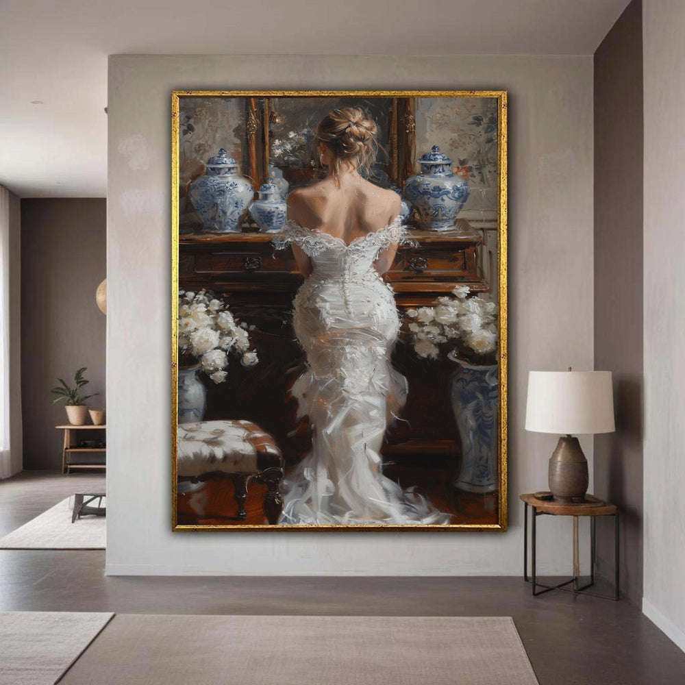 Elegant Bride in Lace Dress Canvas, Vintage Vanity Scene Wall Art, Romantic Home Decor, Fine Art Print, Wedding Gift Art, Home Decor