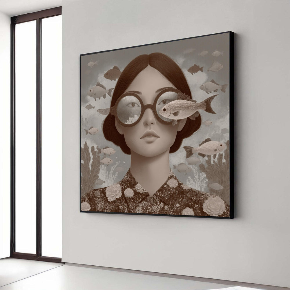 Surreal Underwater Portrait Canvas, Woman with Fish Glasses, Artistic Ocean Life Wall Art, Modern Home Decoration, Gift Art, Home Decor
