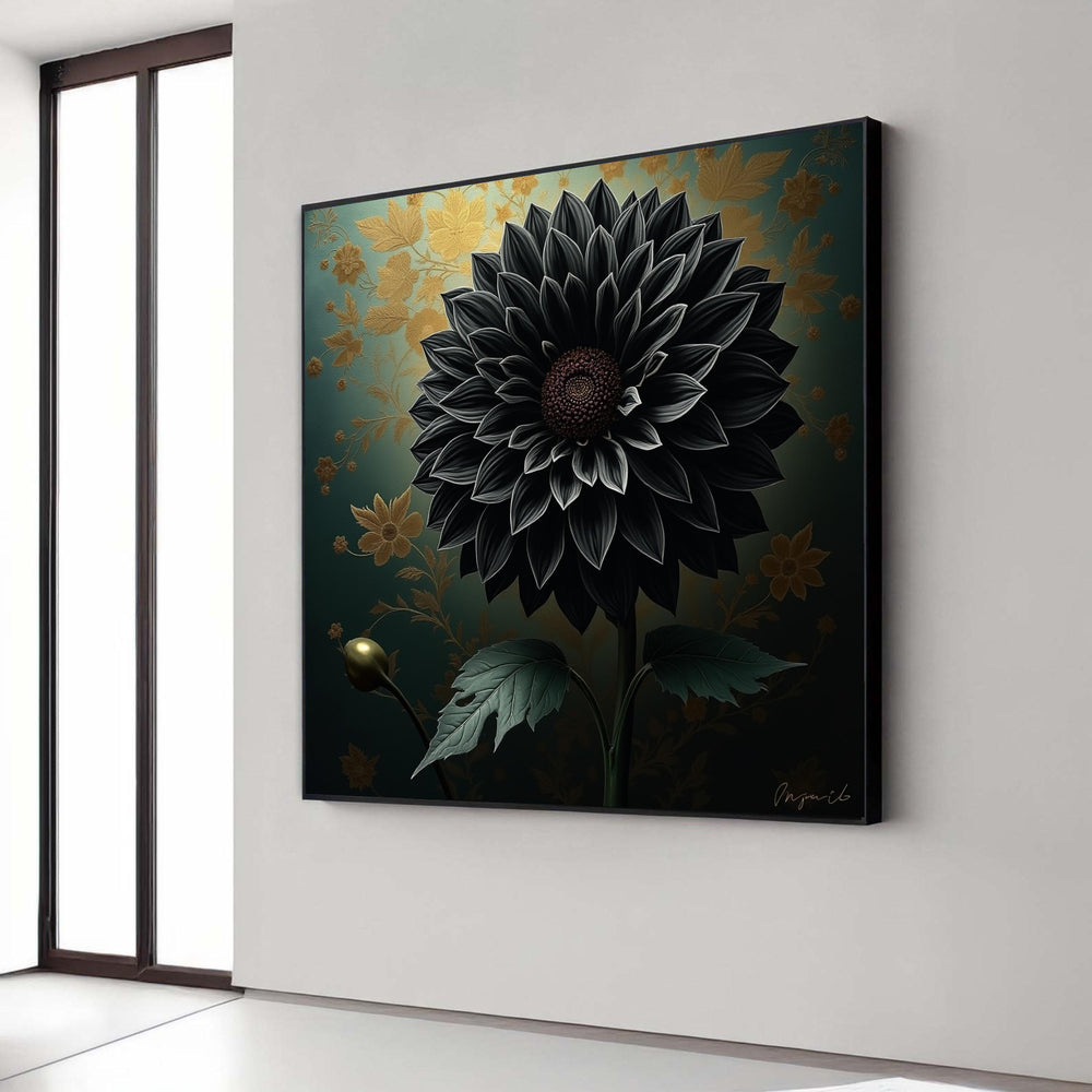Elegant Black Sunflower Canvas, Dark Floral Wall Art, Gold Leaf Pattern Background, Decorative Botanical Canvas, Modern Gift Art, Home Decor