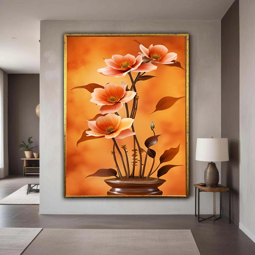 Elegant Peach Blossoms Canvas, Floral Wall Art Decor, Modern Vase Flower Painting, Soft Orange Background Canvas, Home Gift Art, Home Decor