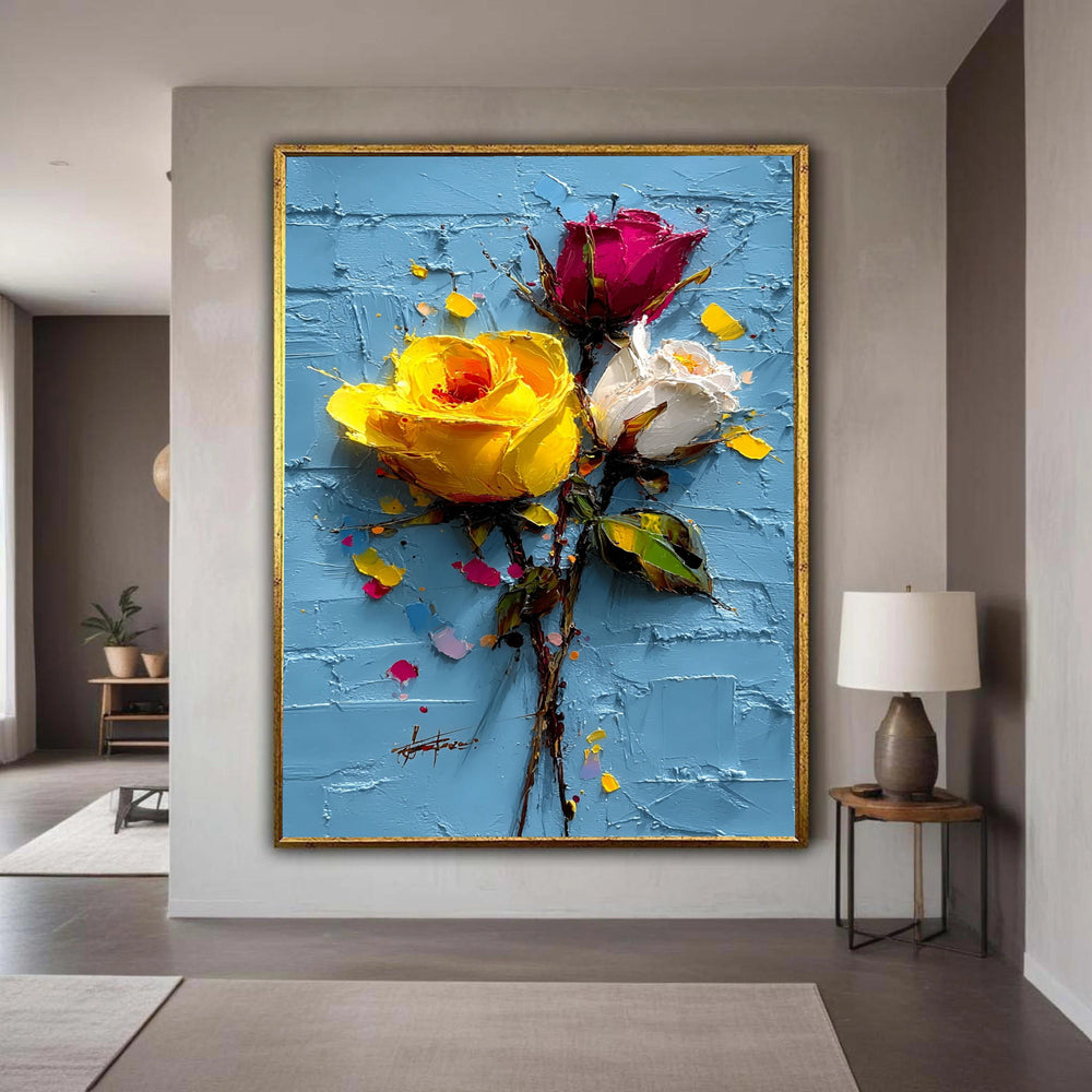 Vibrant Rose Trio Canvas, Yellow Pink White Flowers, Floral Wall Art, Colorful Flower Painting, Modern Home Décor Gift Art, Home Decor