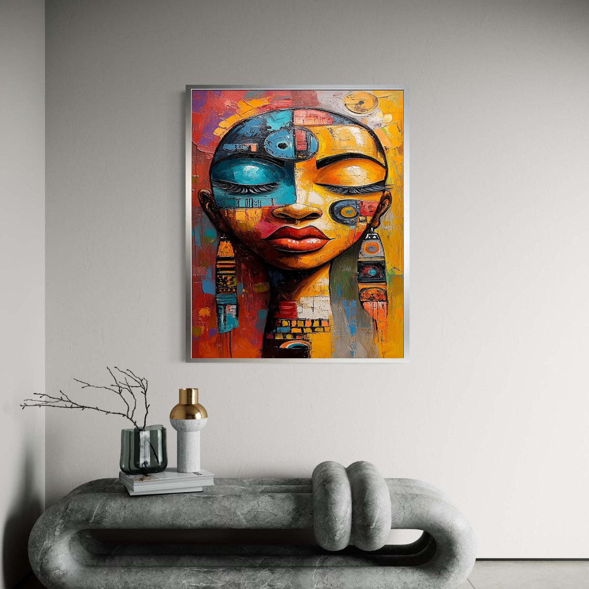 Abstract Ethnic Woman Portrait Canvas, Colorful Face Art, Modern Tribal Wall Decor, Painting, Bold Home Decoration Gift Art, Home Decor