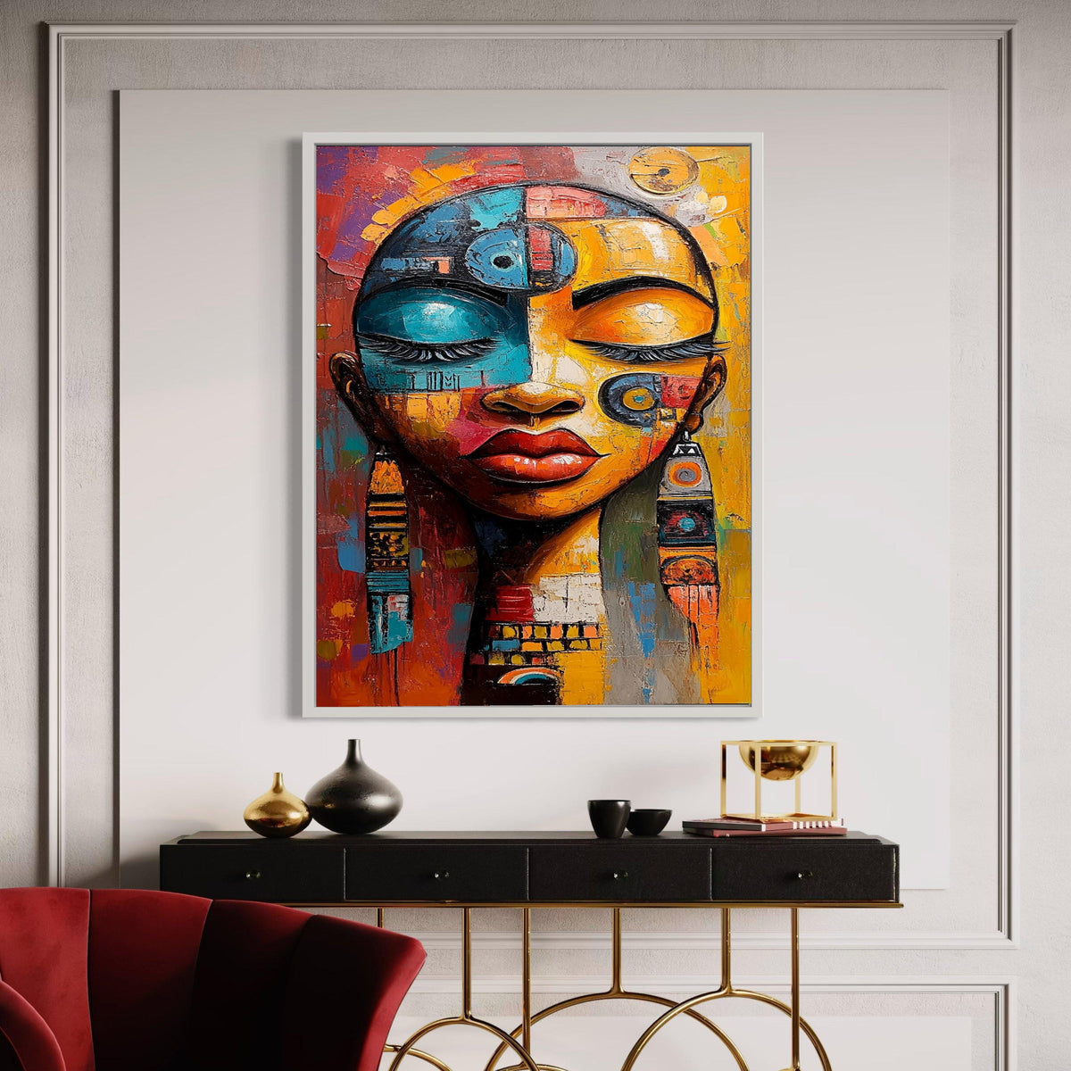 Abstract Ethnic Woman Portrait Canvas, Colorful Face Art, Modern Tribal Wall Decor, Painting, Bold Home Decoration Gift Art, Home Decor