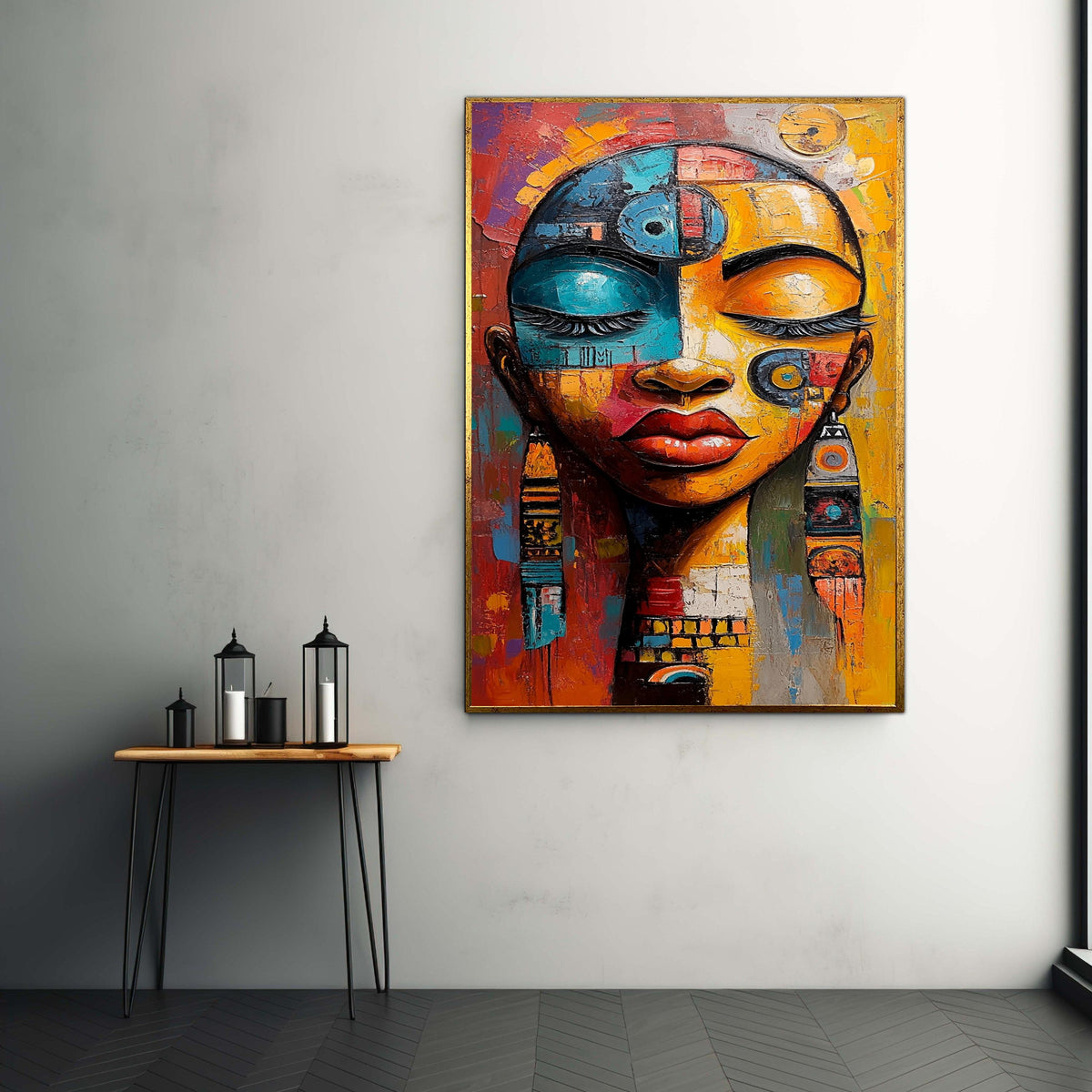 Abstract Ethnic Woman Portrait Canvas, Colorful Face Art, Modern Tribal Wall Decor, Painting, Bold Home Decoration Gift Art, Home Decor