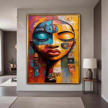 Abstract Ethnic Woman Portrait Canvas, Colorful Face Art, Modern Tribal Wall Decor, Painting, Bold Home Decoration Gift Art, Home Decor