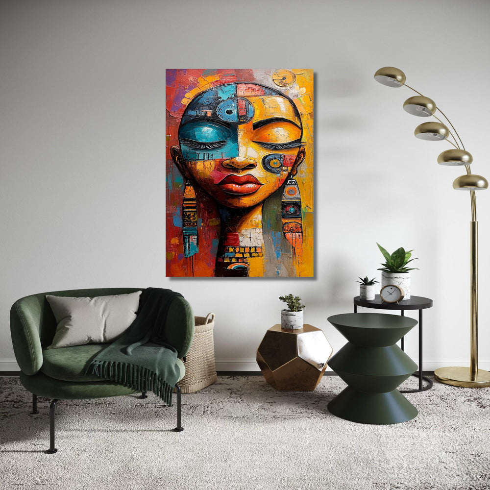 Abstract Ethnic Woman Portrait Canvas, Colorful Face Art, Modern Tribal Wall Decor, Painting, Bold Home Decoration Gift Art, Home Decor