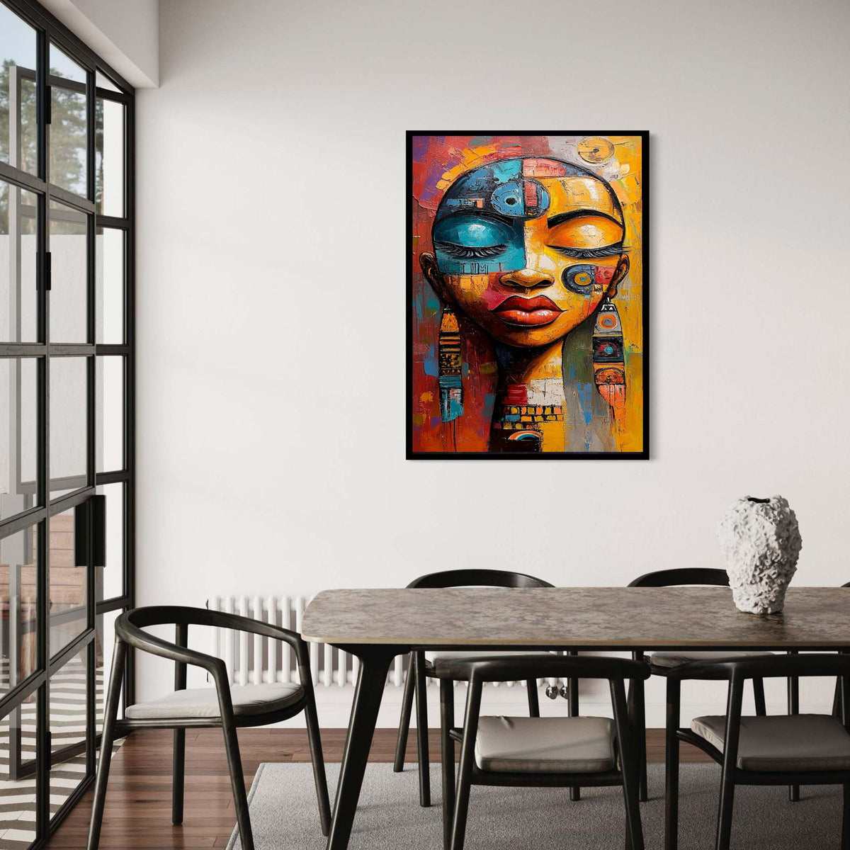 Abstract Ethnic Woman Portrait Canvas, Colorful Face Art, Modern Tribal Wall Decor, Painting, Bold Home Decoration Gift Art, Home Decor