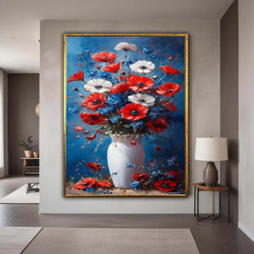 Red White Blue Floral Bouquet Canvas, Poppy and Cornflower Vase Art, Rustic Flower Arrangement Painting, Colorful Wall Gift Art, Home Decor