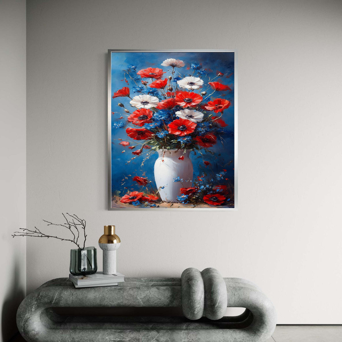 Red White Blue Floral Bouquet Canvas, Poppy and Cornflower Vase Art, Rustic Flower Arrangement Painting, Colorful Wall Gift Art, Home Decor