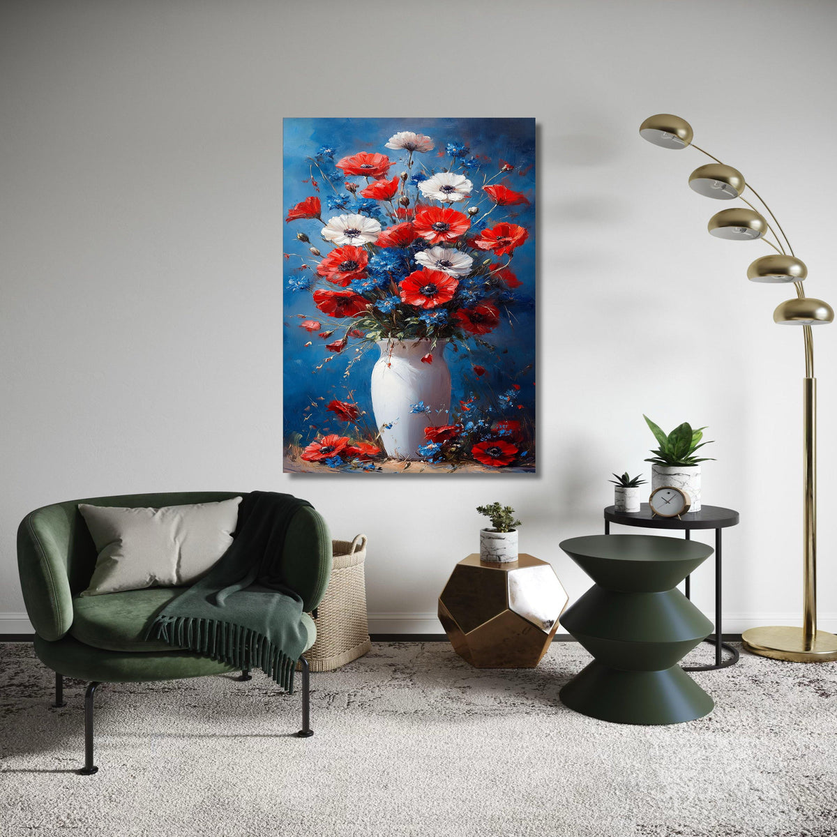 Red White Blue Floral Bouquet Canvas, Poppy and Cornflower Vase Art, Rustic Flower Arrangement Painting, Colorful Wall Gift Art, Home Decor