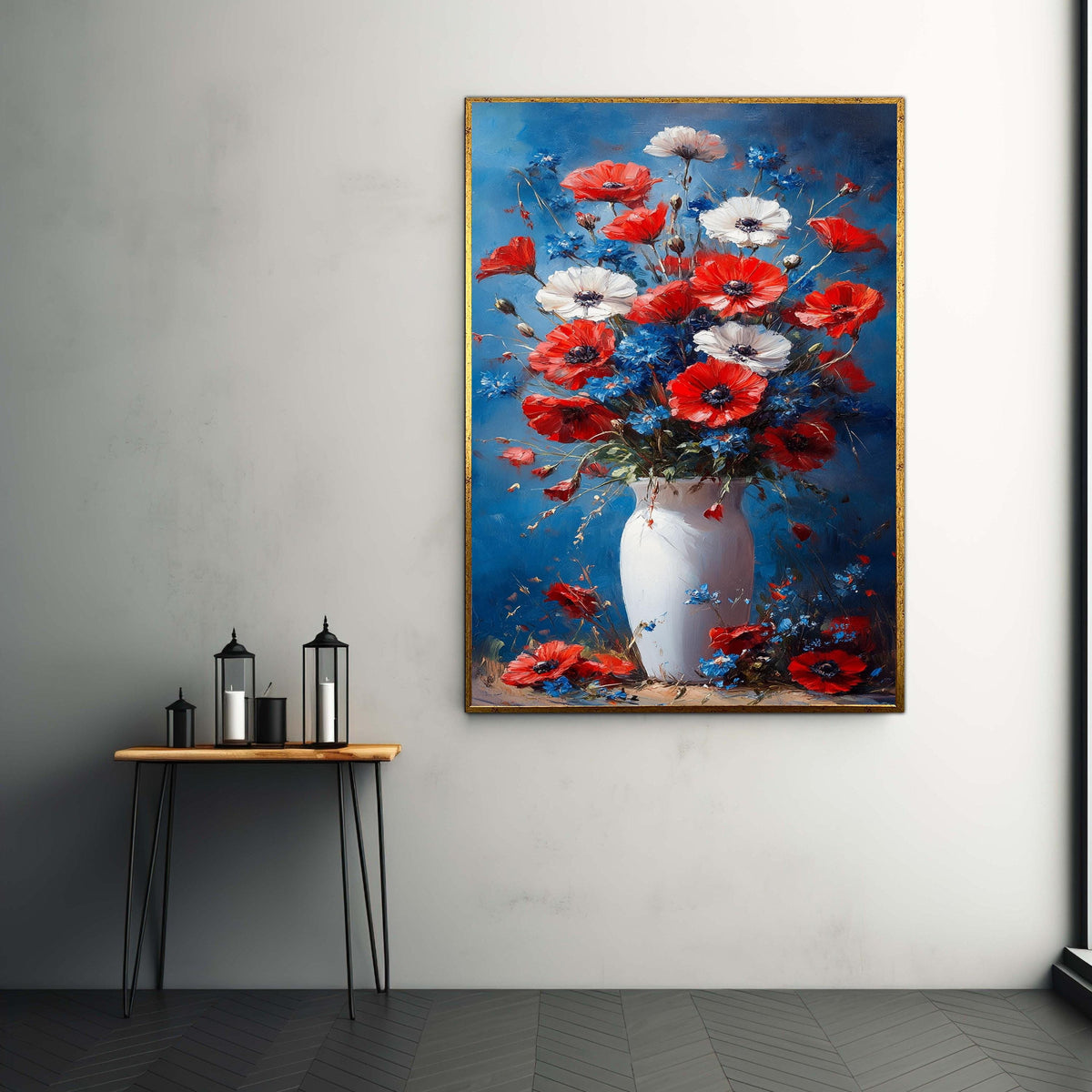 Red White Blue Floral Bouquet Canvas, Poppy and Cornflower Vase Art, Rustic Flower Arrangement Painting, Colorful Wall Gift Art, Home Decor