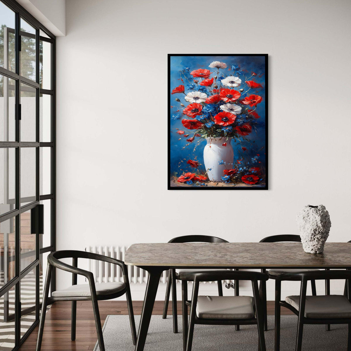 Red White Blue Floral Bouquet Canvas, Poppy and Cornflower Vase Art, Rustic Flower Arrangement Painting, Colorful Wall Gift Art, Home Decor