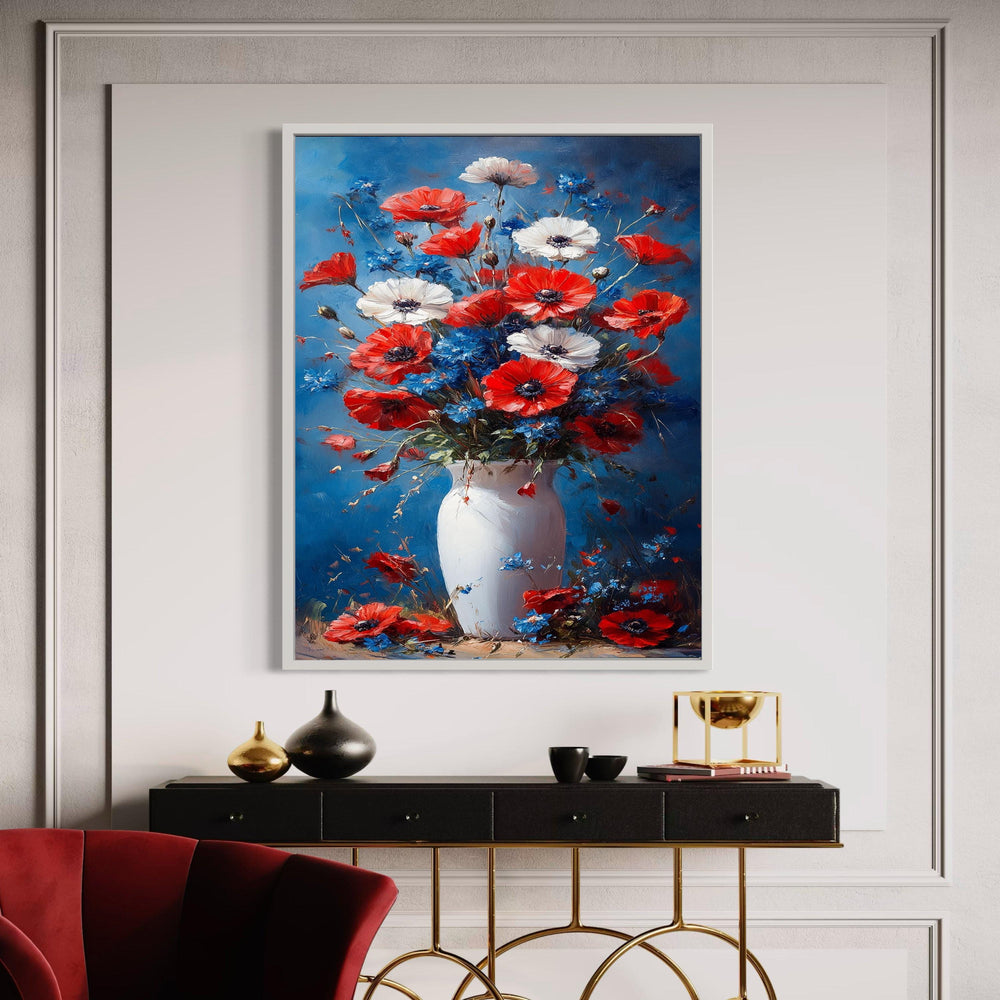 Red White Blue Floral Bouquet Canvas, Poppy and Cornflower Vase Art, Rustic Flower Arrangement Painting, Colorful Wall Gift Art, Home Decor