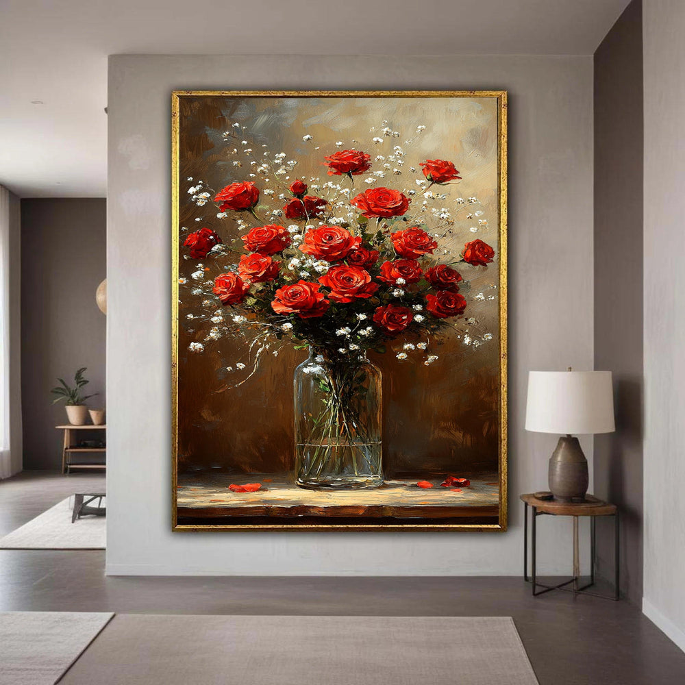 Red Roses Bouquet Canvas Wall Art, Floral Painting Print, Glass Vase Still Life, Romantic Flower Decoration, Home Wall Gift Art, Home Decor