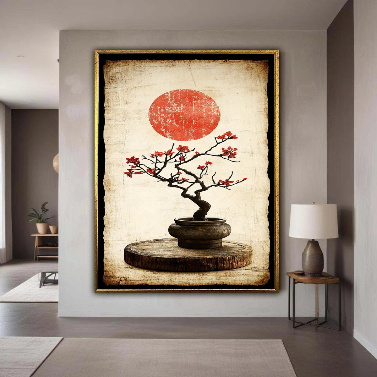 Vintage Japanese Bonsai Tree Canvas, Red Blossom Wall Art, Oriental Zen Plant Decoration, Rustic Wood Base Canvas Gift Art, Home Decor