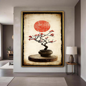 Vintage Japanese Bonsai Tree Canvas, Red Blossom Wall Art, Oriental Zen Plant Decoration, Rustic Wood Base Canvas Gift Art, Home Decor