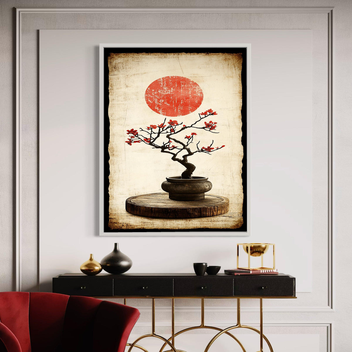 Vintage Japanese Bonsai Tree Canvas, Red Blossom Wall Art, Oriental Zen Plant Decoration, Rustic Wood Base Canvas Gift Art, Home Decor