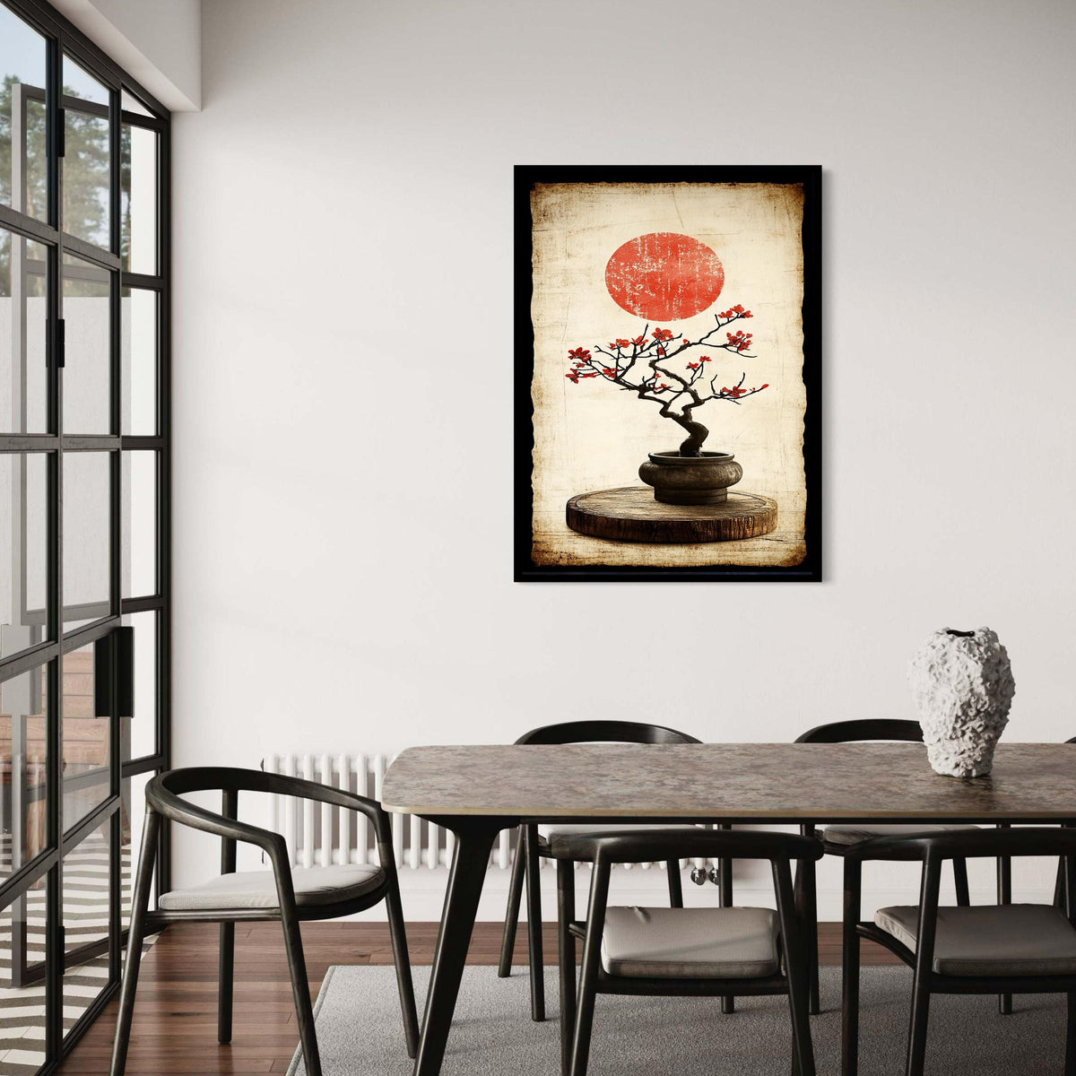 Vintage Japanese Bonsai Tree Canvas, Red Blossom Wall Art, Oriental Zen Plant Decoration, Rustic Wood Base Canvas Gift Art, Home Decor