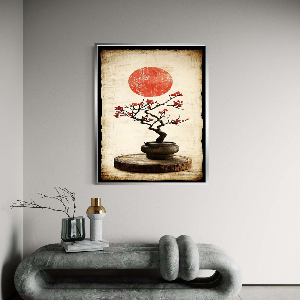 Vintage Japanese Bonsai Tree Canvas, Red Blossom Wall Art, Oriental Zen Plant Decoration, Rustic Wood Base Canvas Gift Art, Home Decor