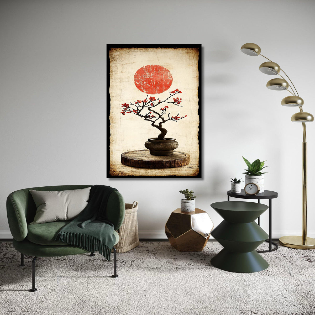 Vintage Japanese Bonsai Tree Canvas, Red Blossom Wall Art, Oriental Zen Plant Decoration, Rustic Wood Base Canvas Gift Art, Home Decor