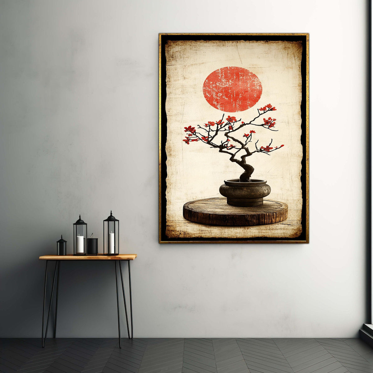 Vintage Japanese Bonsai Tree Canvas, Red Blossom Wall Art, Oriental Zen Plant Decoration, Rustic Wood Base Canvas Gift Art, Home Decor