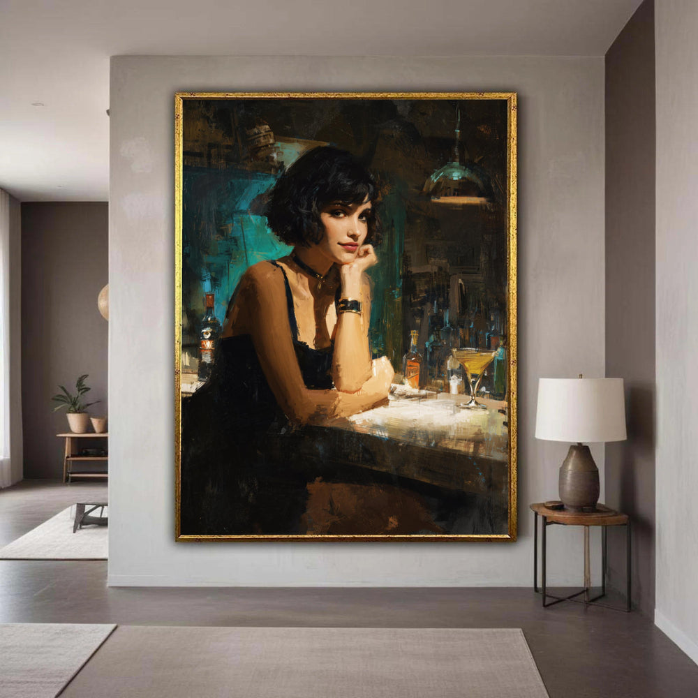 Elegant Woman at Bar, Vintage Portrait Canvas, Moody Nightlife Wall Art, Chic Woman Painting, Modern Home Decor Canvas Gift Art, Home Decor