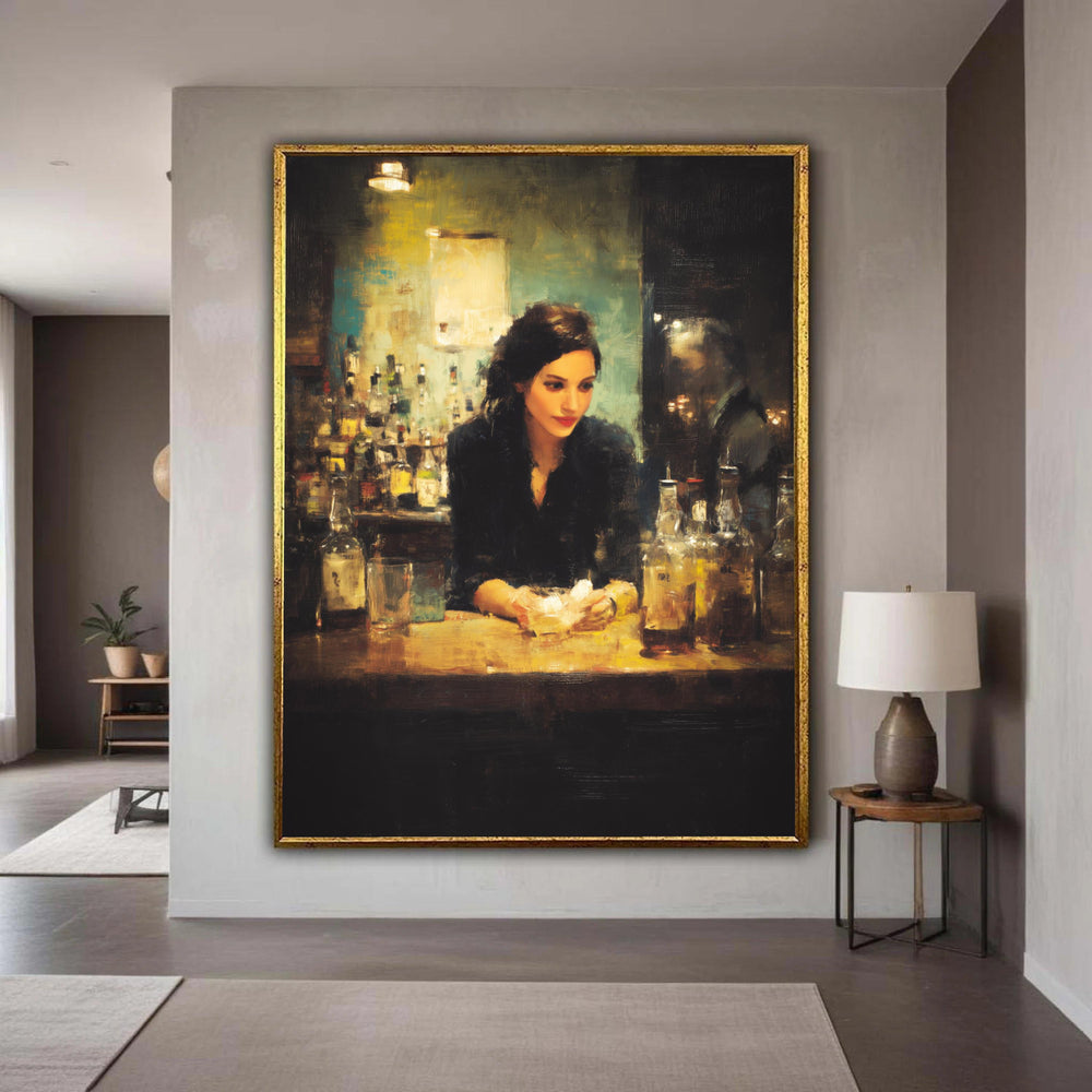 Vintage Bar Scene Canvas Wall Art, Woman Bartender Portrait, Cozy Nightlife Decor, Rustic Pub Painting, Warm Ambient Gift Art, Home Decor