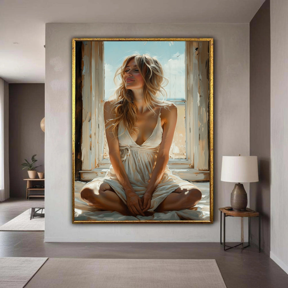 Sunlit Serenity, Woman in White Dress Canvas, Relaxing Home Decor, Soft Natural Light Wall Art, Elegant Feminine Gift Art, Home Decor