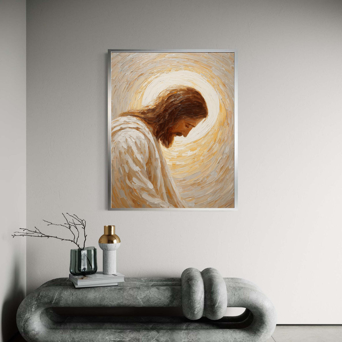 Serene Jesus Portrait Canvas, Spiritual Christian Wall Art, Prayerful Figure Painting, Religious Home Decor, Ready to Gift Art, Home Decor