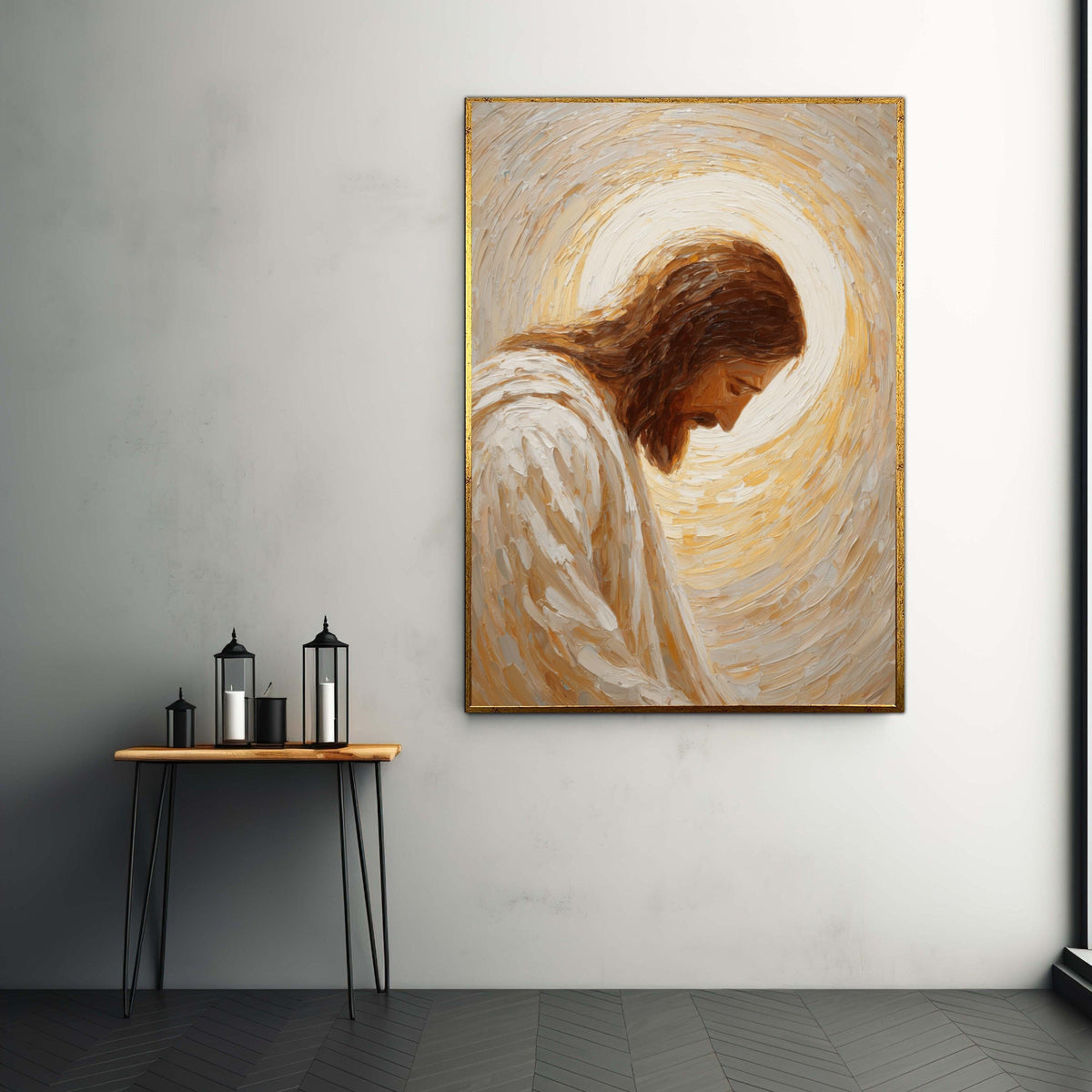 Serene Jesus Portrait Canvas, Spiritual Christian Wall Art, Prayerful Figure Painting, Religious Home Decor, Ready to Gift Art, Home Decor