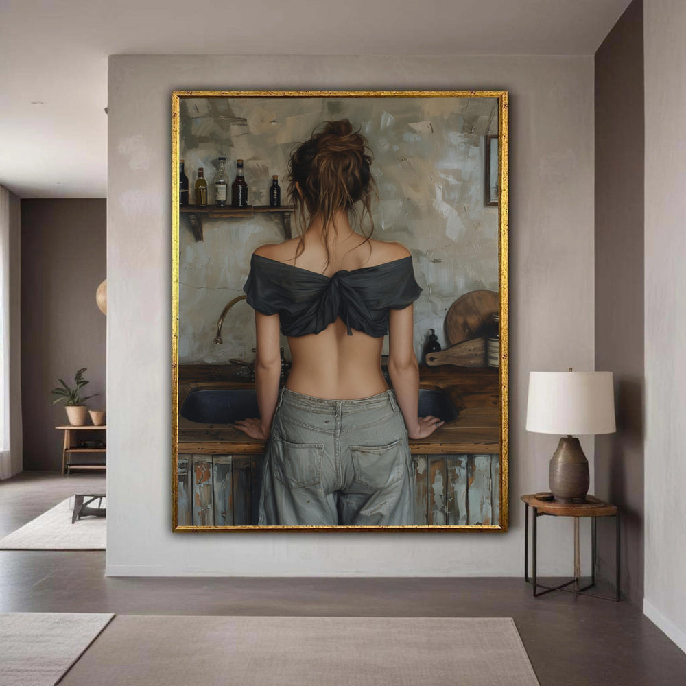 Rustic Home Kitchen Scene, Woman Back View Canvas, Casual Fashion Wall Art, Cozy Interior Decoration, Artistic Canvas Gift Art, Home Decor