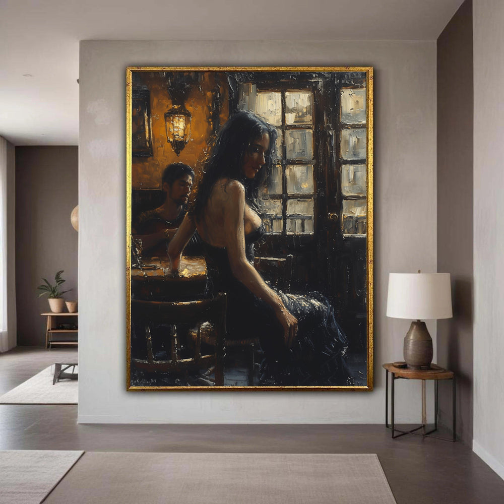 Intimate Evening Scene Canvas, Romantic Couple Painting, Moody Bar Interior Art, Warm Light Wall Decor, Expressionist Gift Art, Home Decor
