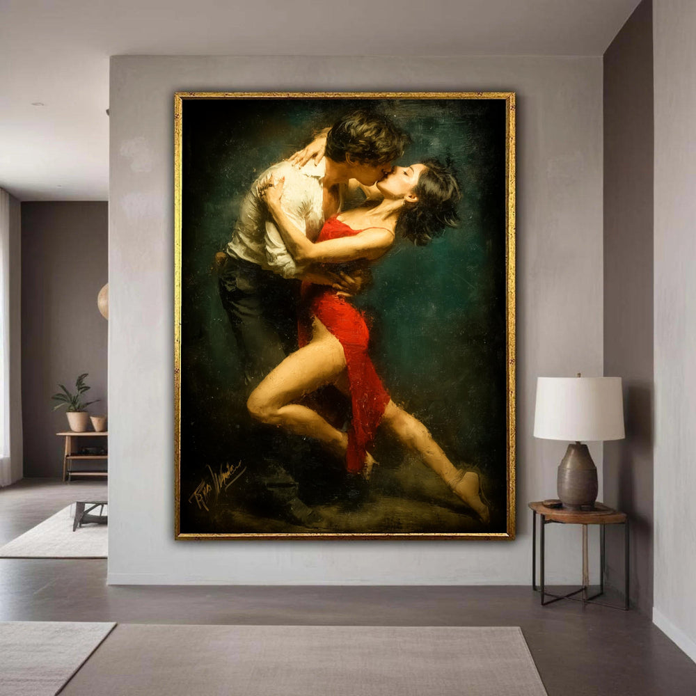Passionate Tango Dance Couple, Romantic Embrace Canvas, Red Dress Wall Art, Dance Art Painting, Sensual Home Decor, Gift Art, Home Decor