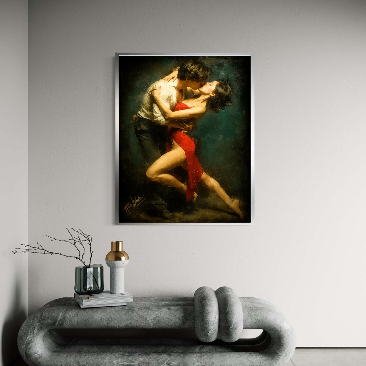 Passionate Tango Dance Couple, Romantic Embrace Canvas, Red Dress Wall Art, Dance Art Painting, Sensual Home Decor, Gift Art, Home Decor