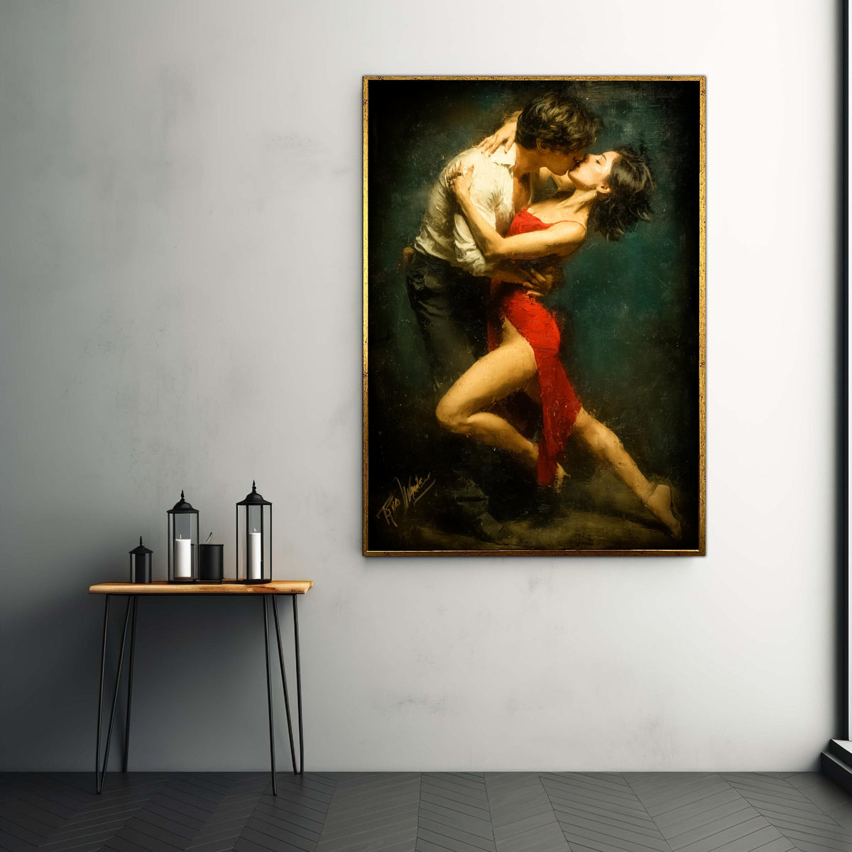 Passionate Tango Dance Couple, Romantic Embrace Canvas, Red Dress Wall Art, Dance Art Painting, Sensual Home Decor, Gift Art, Home Decor