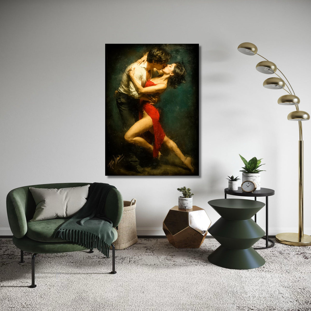 Passionate Tango Dance Couple, Romantic Embrace Canvas, Red Dress Wall Art, Dance Art Painting, Sensual Home Decor, Gift Art, Home Decor