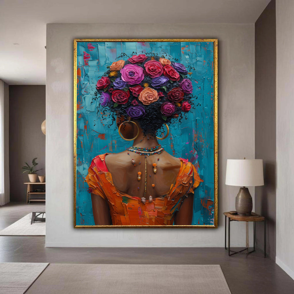 Vibrant Afro Woman with Floral Hair, Canvas Wall Art, Colorful African Style Painting, Modern Home Décor, Ready to Hang Gift Art, Home Decor