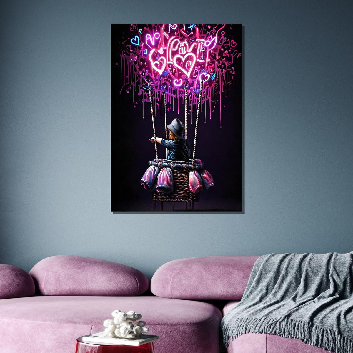 Neon Love Balloon Art, Whimsical Graffiti Heart Painting, Vibrant Romantic Wall Decor, Modern Love-Themed Canvas, Urban Street Art Gift